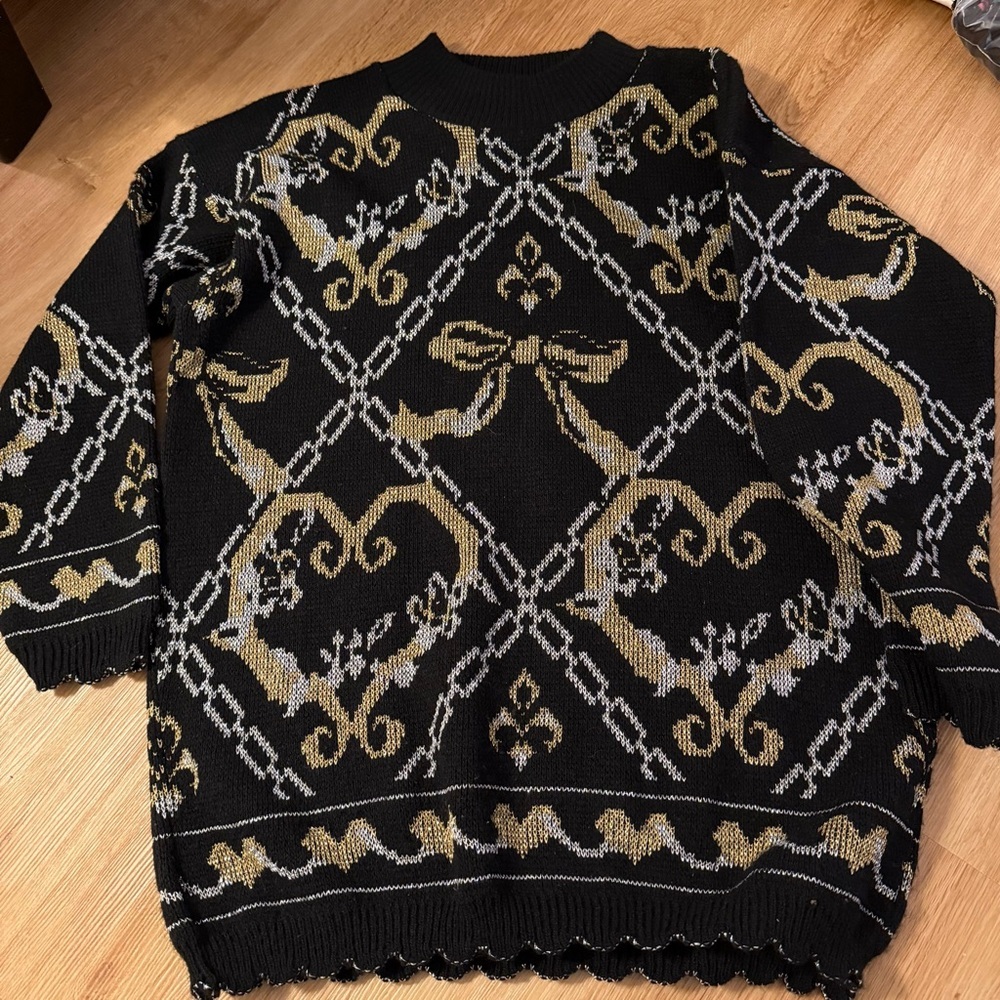 Retro metallic Gold, Silver and Black Women's Turtleneck Sweater with Bow Print